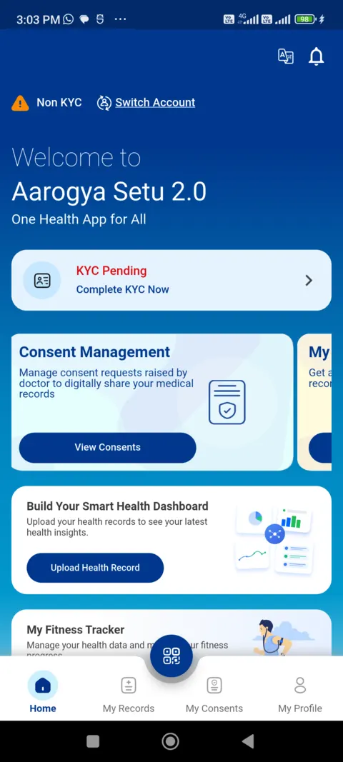 Aarogya Setu 2.0 home screen with a KYC pending notice, Consent Management card and Upload Health Record card