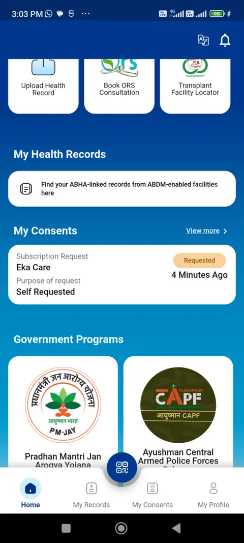 Aarogya Setu 2.0 home screen scrolled to My Health Records, My Consents and Government Programs