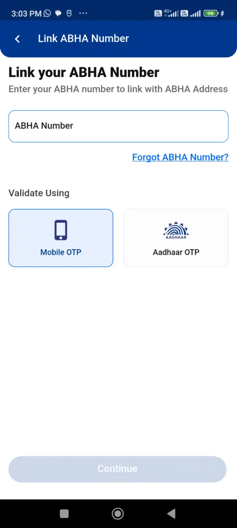 Aarogya Setu 2.0 Link your ABHA Number screen offering Mobile OTP or Aadhaar OTP