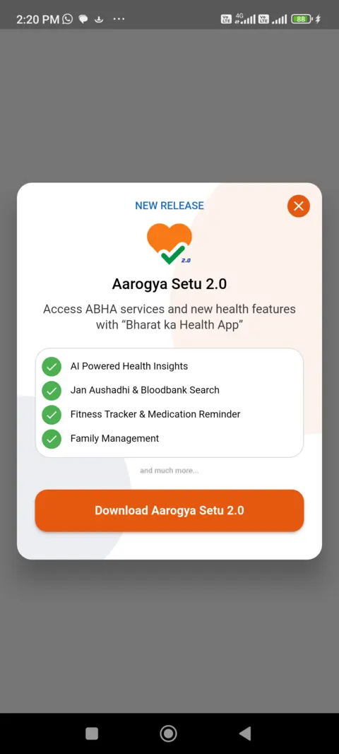 ABHA app on first launch showing a New release card introducing Aarogya Setu 2.0 with a Download button