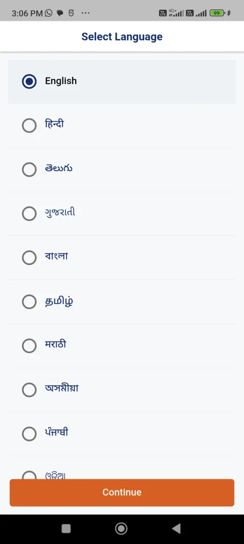 ABHA app Select Language screen listing English, Hindi, Telugu, Gujarati, Bengali, Tamil, Marathi, Assamese, Punjabi and Odia with a Continue button