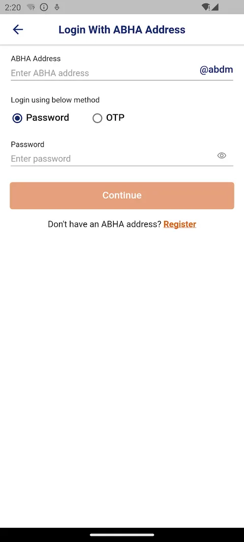 ABHA app login screen asking for an ABHA address with password or OTP