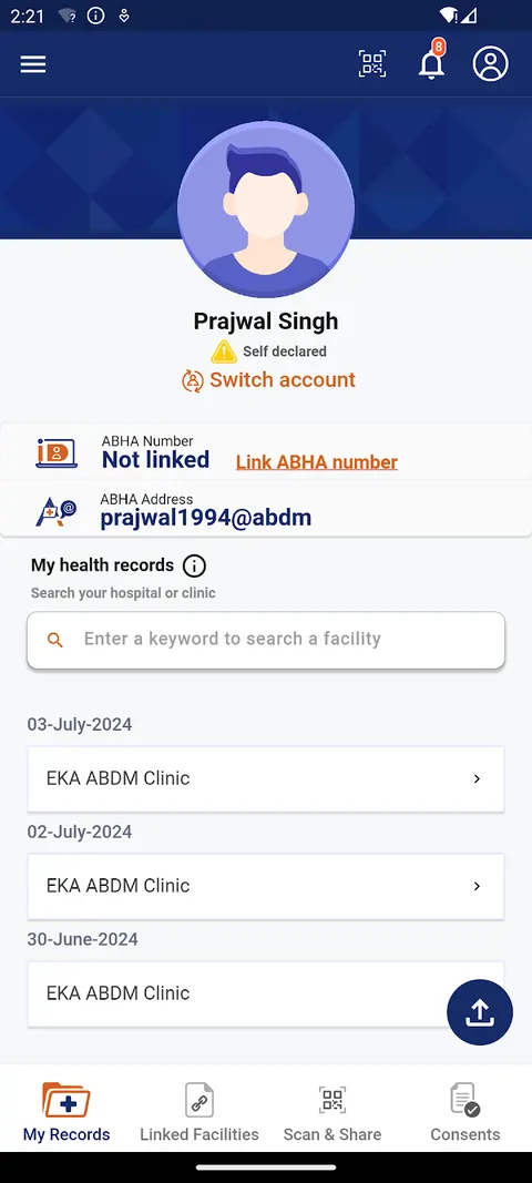 ABHA app Play Store screenshot of the home screen with an ABHA address, a link ABHA number prompt and a list of records by date and clinic