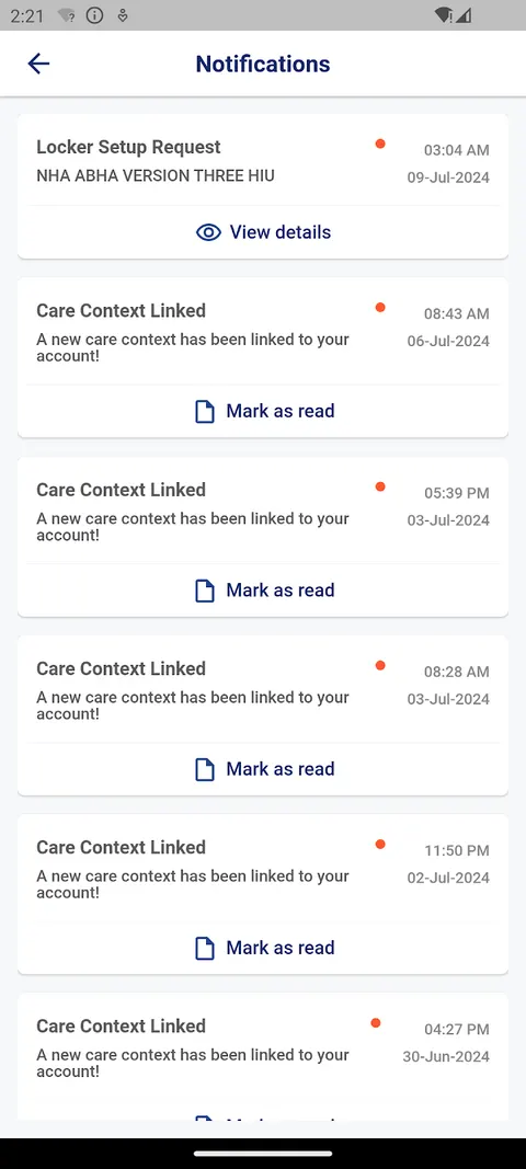 ABHA app notifications screen with a message that a new care context has been linked to your account