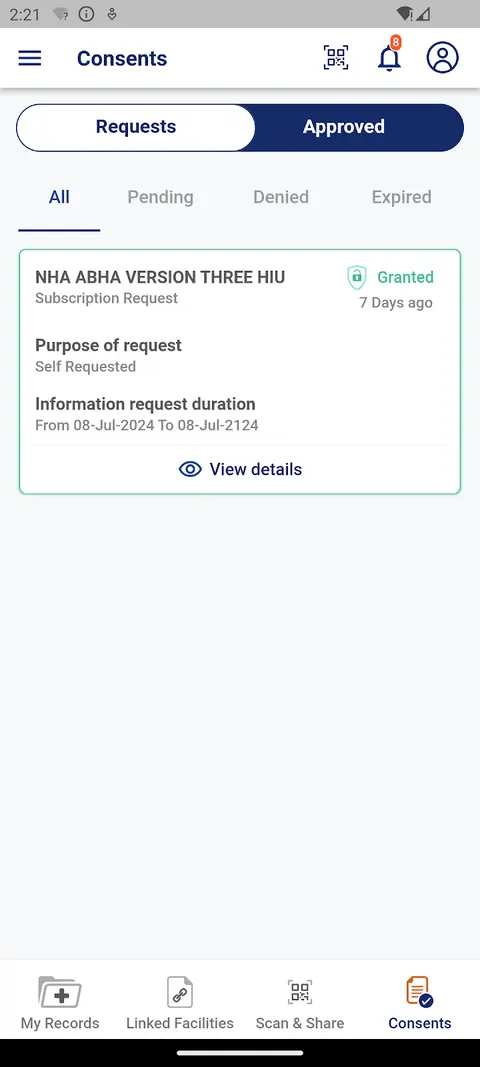 ABHA app Consents screen with requests and approvals