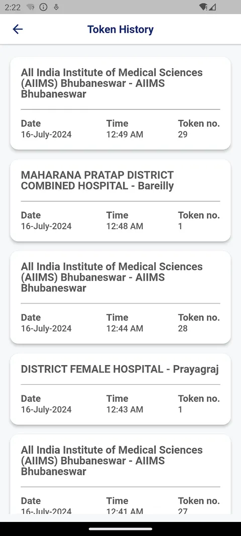 ABHA app Token History screen listing OPD tokens at hospitals