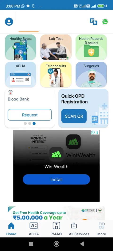 DRiefcase home screen on our test phone with six tiles including Health Records (Locker), a third-party install advertisement and a health coverage banner