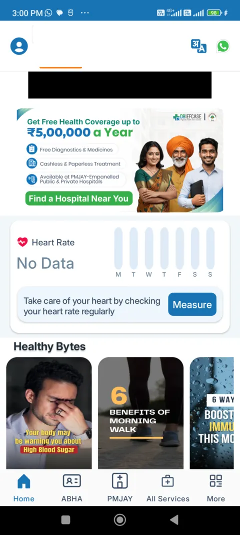 DRiefcase home scrolled: health coverage banner, heart rate card and Healthy Bytes articles