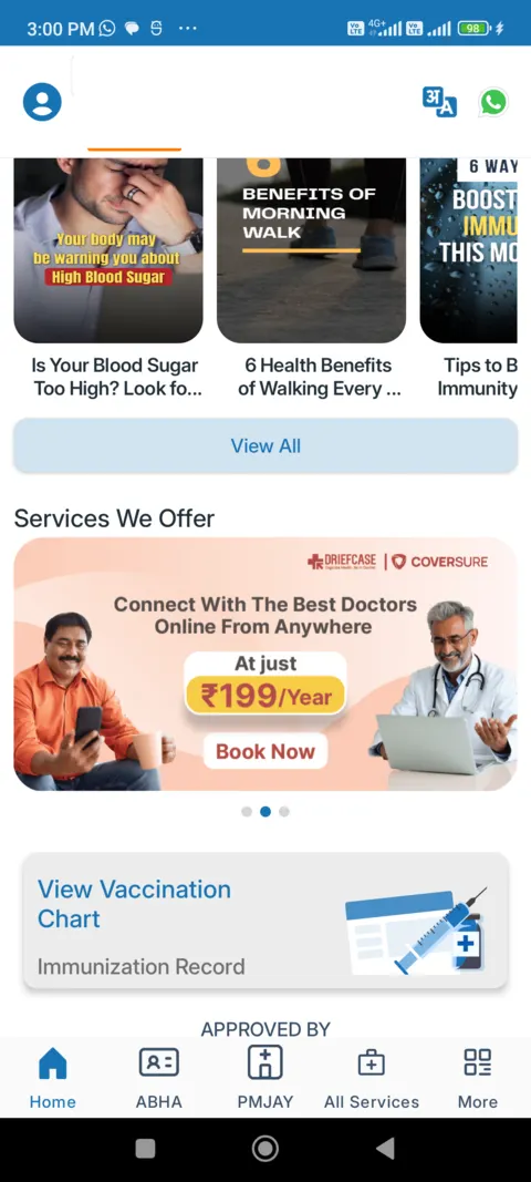DRiefcase home screen scrolled down on our test phone showing Healthy Bytes articles and a doctor consultation banner at Rs 199 a year