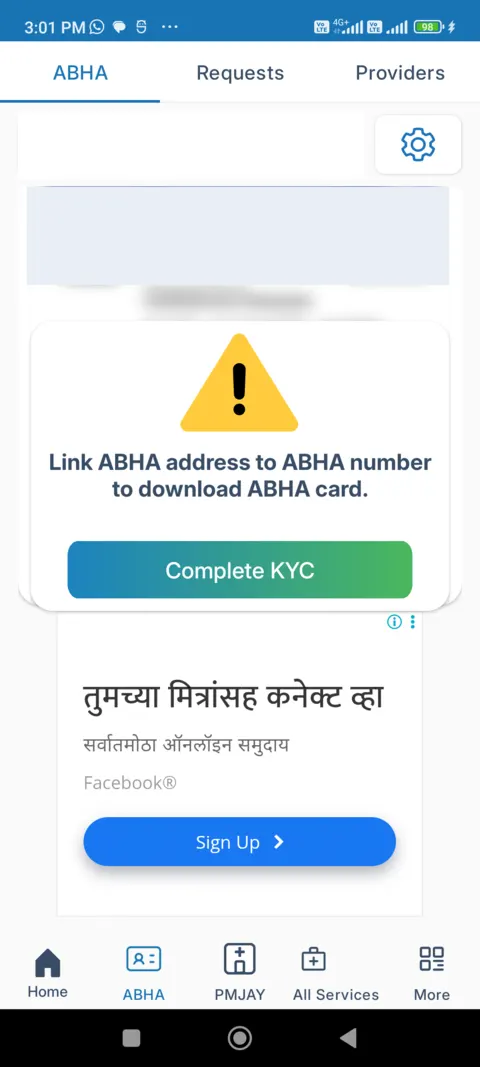 DRiefcase ABHA tab on our test phone with a prompt to link an ABHA address to an ABHA number and a third-party advertisement below
