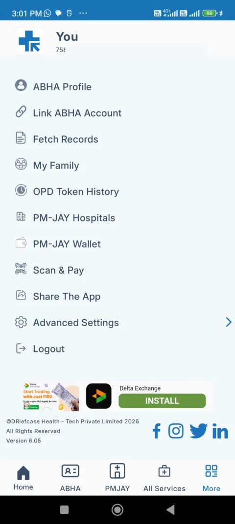 DRiefcase More tab on our test phone listing ABHA Profile, Fetch Records, My Family, OPD Token History and more, with a third-party advertisement at the bottom
