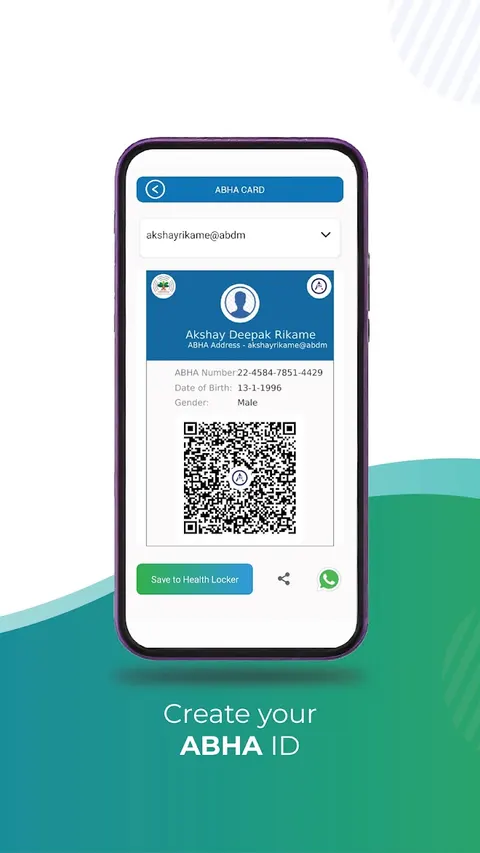 DRiefcase Play Store screenshot titled Create your ABHA ID, showing an ABHA card with a QR code