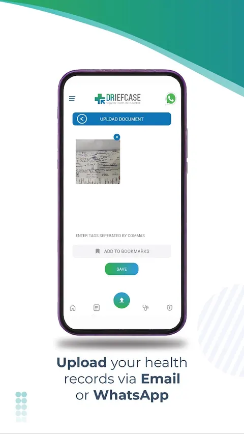 DRiefcase Play Store screenshot showing the upload document screen with tags