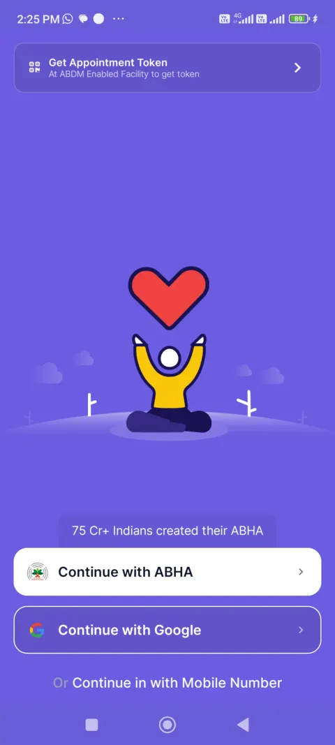 Eka Care first launch on a test phone: a purple screen with Get Appointment Token, Continue with ABHA, Continue with Google and a mobile-number option