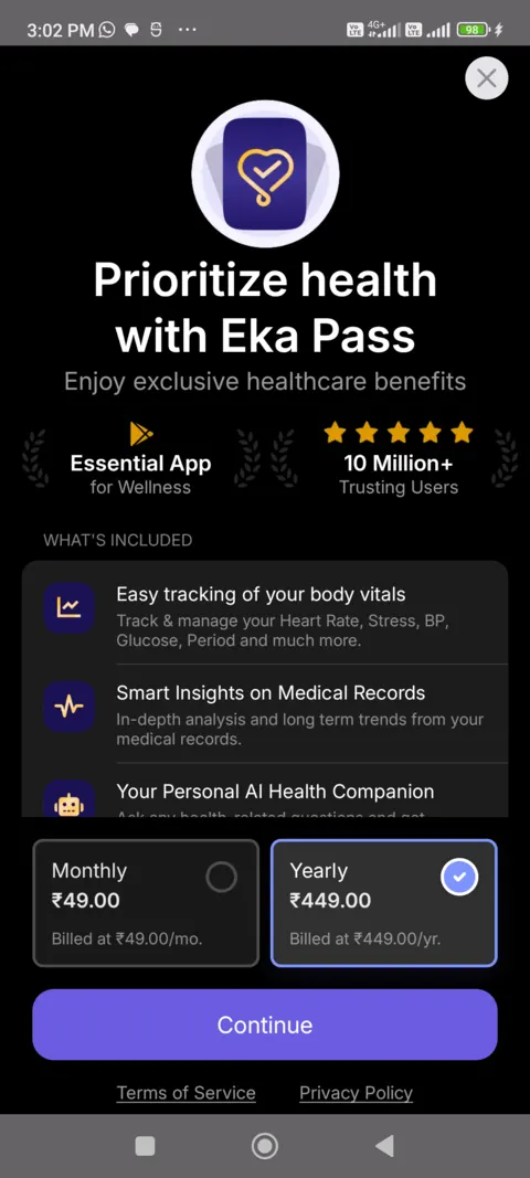 Eka Care full-screen Eka Pass offer on a test phone, with a list of benefits and monthly and yearly prices