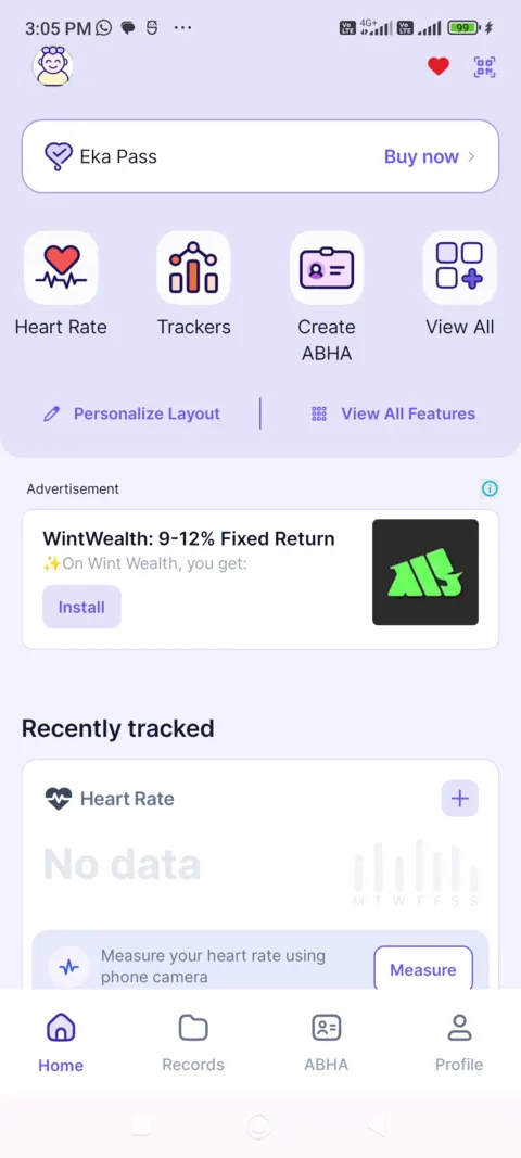 Eka Care home screen on a test phone after closing the Eka Pass offer: a Buy now bar, shortcuts, a block labelled Advertisement and a heart-rate card