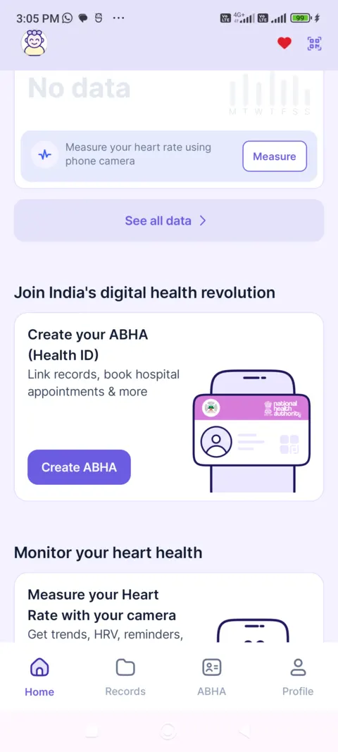 Eka Care home scrolled: a camera heart-rate card and an ABHA sign-up card