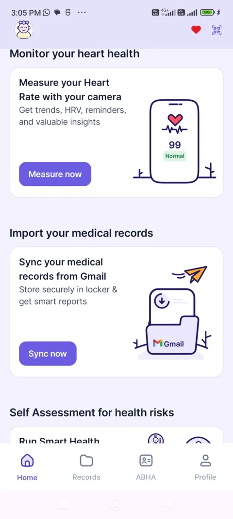 Eka Care home scrolled: an offer to import medical records from Gmail, and a self assessment card