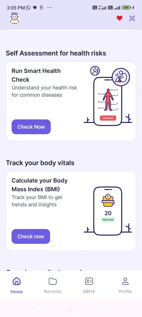 Eka Care home scrolled: Run Smart Health Check and a BMI calculator card