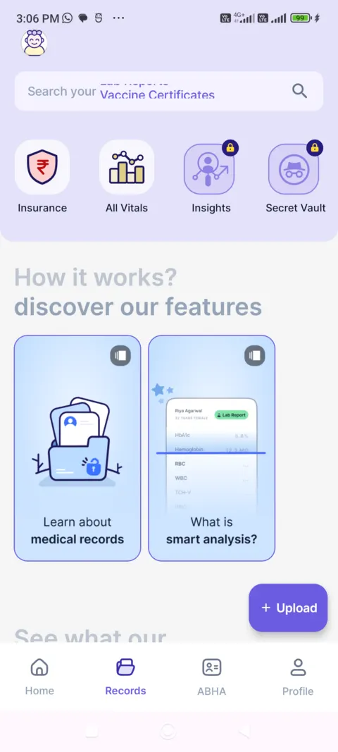Eka Care Records tab on a test phone: a search box, four shortcuts with Insights and Secret Vault showing a lock icon, and an Upload button
