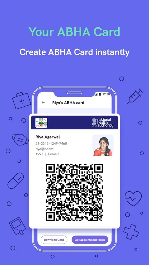 Eka Care Play Store screenshot titled Your ABHA Card, showing a QR card