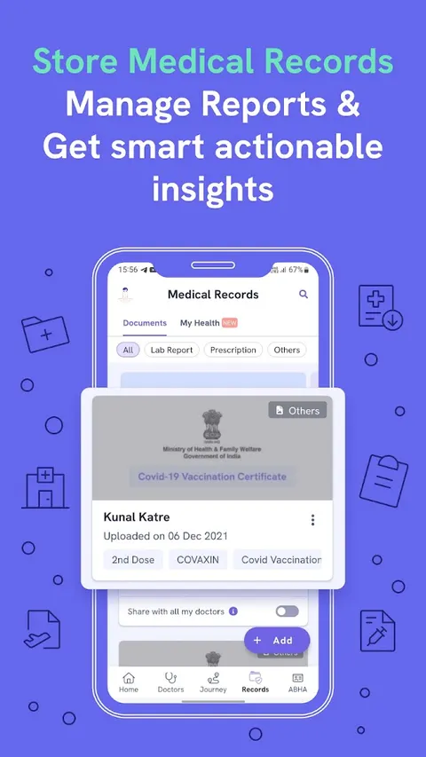 Eka Care Play Store screenshot titled Store Medical Records, with a records list and a share-with-all-my-doctors switch