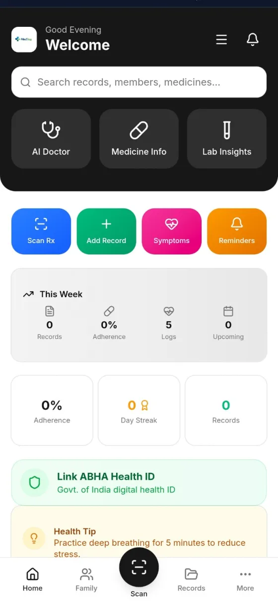 MediFamily home screen with AI Doctor, Medicine Info and Lab Insights, a Scan Rx button, Add Record, Symptoms, Reminders, a weekly summary and a Link ABHA Health ID card