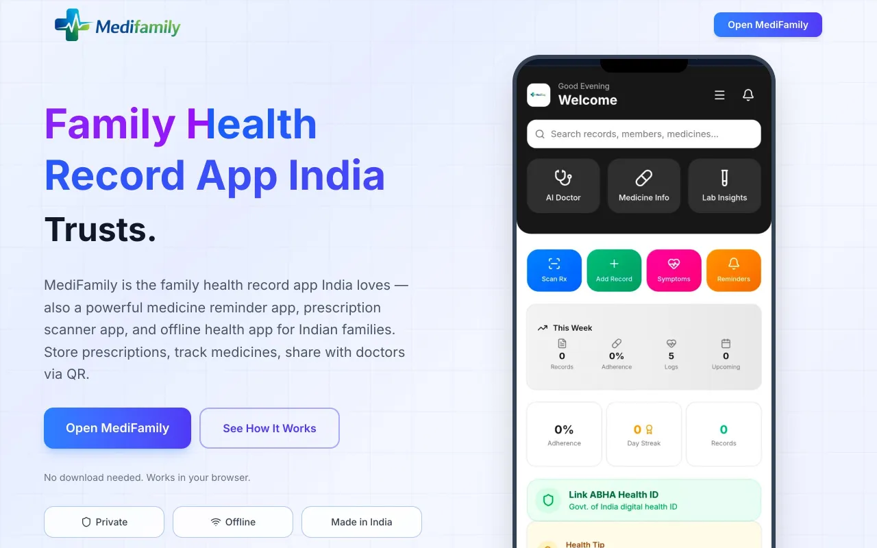 MediFamily home page: Family Health Record App India Trusts, with Open MediFamily and See How It Works buttons
