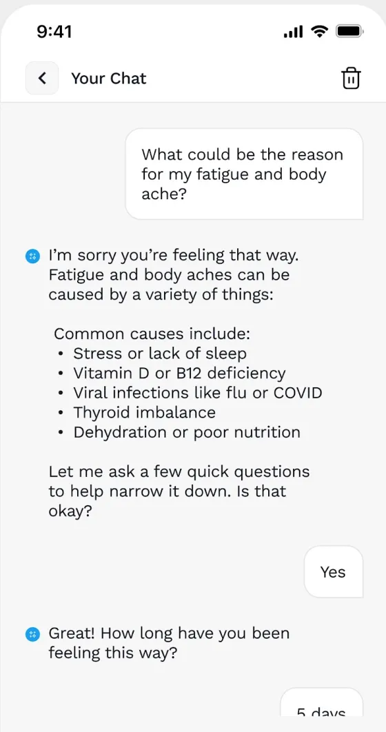 Seht AI chat in which a user asks what could be the reason for fatigue and body ache and the bot lists possible causes and asks follow-up questions