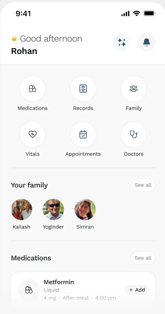 Seht home screen with Medications, Records, Family, Vitals, Appointments and Doctors tiles, a Your family strip and a Medications card