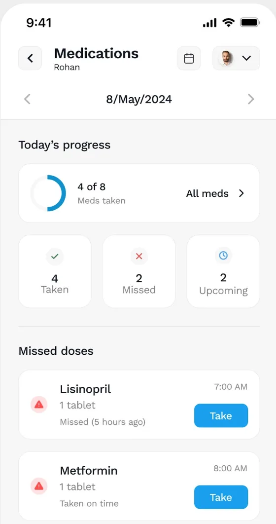 Seht Medications screen with today's progress, counts of taken, missed and upcoming doses and a missed doses list with Take buttons