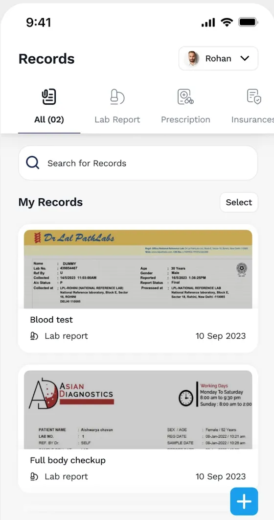 Seht Records screen with filter tabs All, Lab Report, Prescription and Insurance, a search box and two lab reports as thumbnails