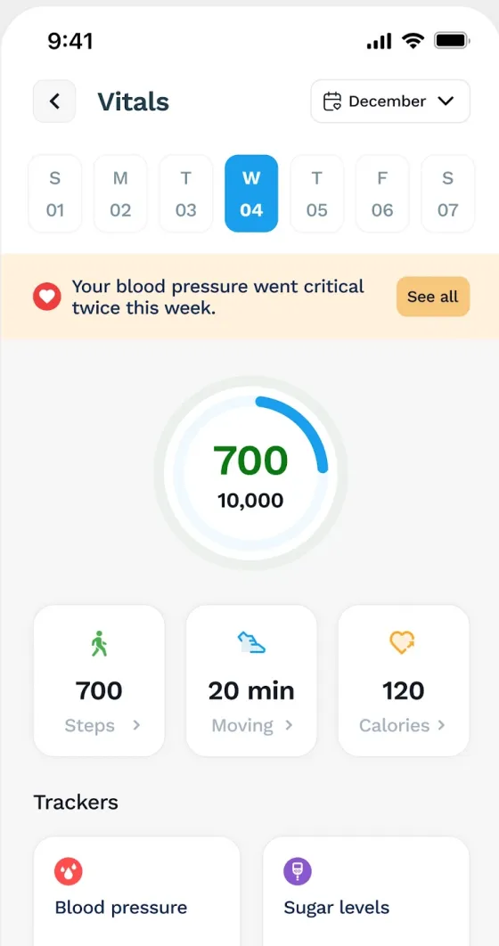 Seht Vitals screen with a day selector, a blood pressure alert banner, a step ring and tracker tiles