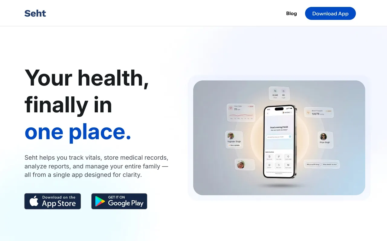 Seht home page: Your health, finally in one place, with Download App button