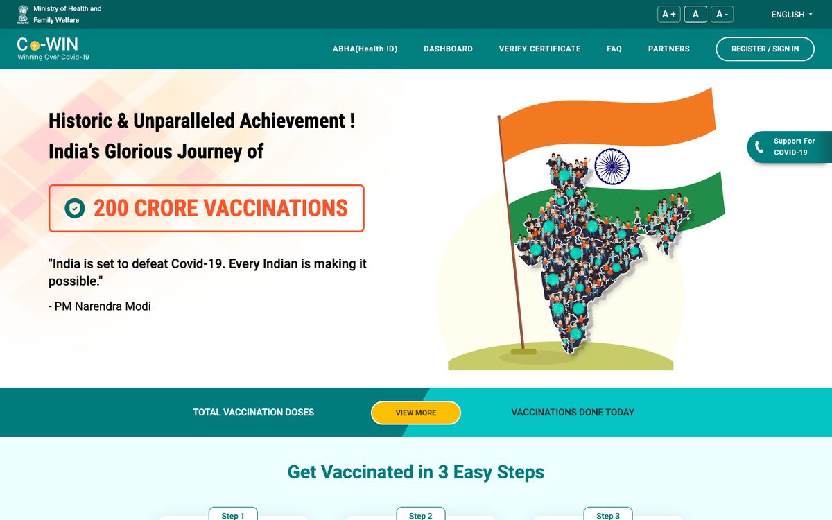 CoWIN home page showing COVID-19 vaccination