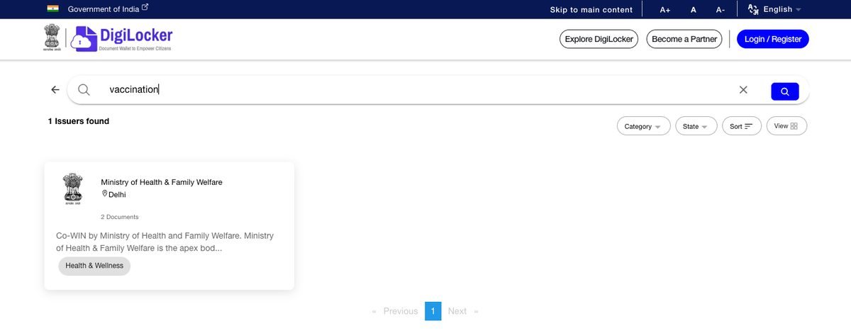 DigiLocker search for vaccination showing a single issuer, Co-WIN