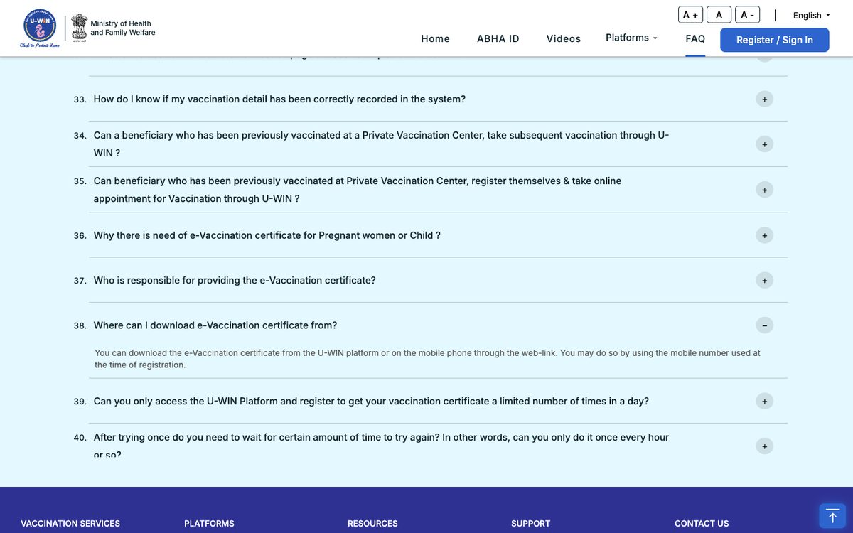 U-WIN FAQ answer explaining where to download the vaccination certificate