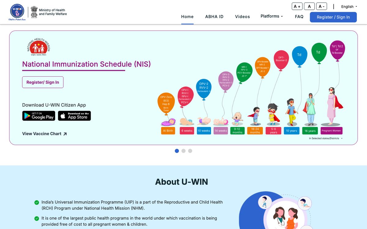 U-WIN home page with Register and Sign In button and the steps to get vaccinated