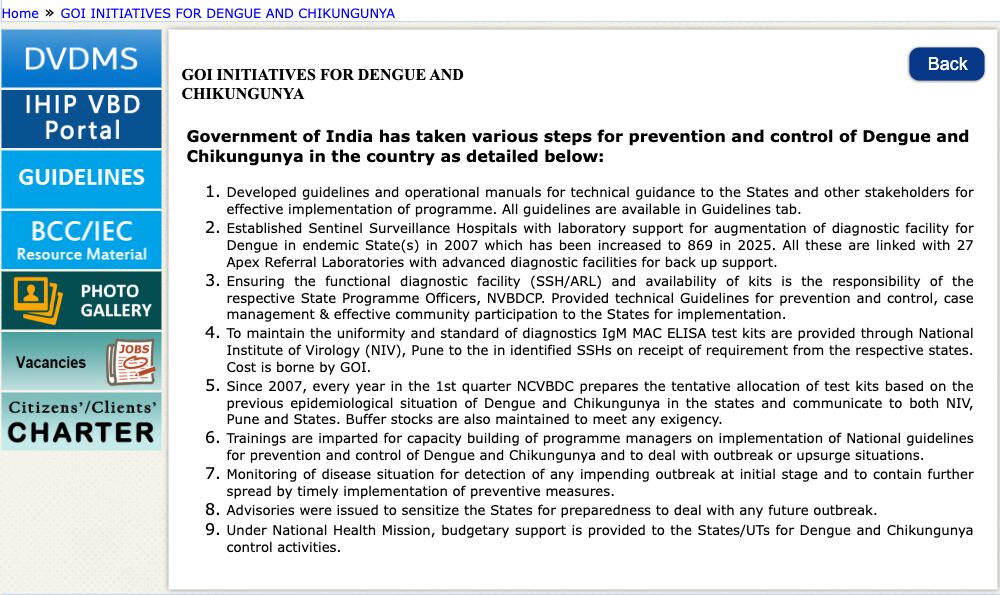 NCVBDC page listing government initiatives for dengue: 869 sentinel surveillance hospitals in 2025 linked to 27 apex referral laboratories, and IgM MAC ELISA kits supplied with cost borne by the Government of India