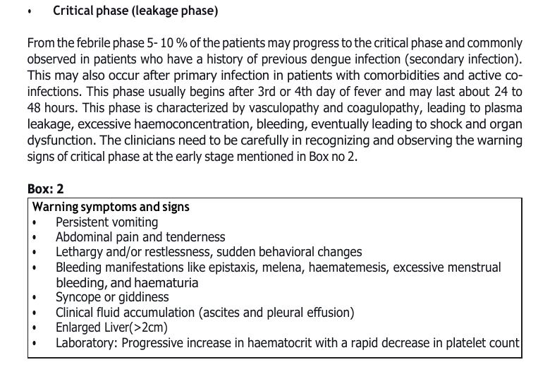 NCVBDC 2023 dengue guideline Box 2 listing warning signs such as persistent vomiting, abdominal pain, bleeding, lethargy and rising haematocrit with falling platelet count