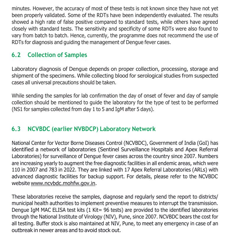 NCVBDC 2023 national dengue guideline page stating the programme does not recommend rapid tests and describing the free diagnostic laboratory network with IgM MAC ELISA kits paid for by NCVBDC (printed page 32)