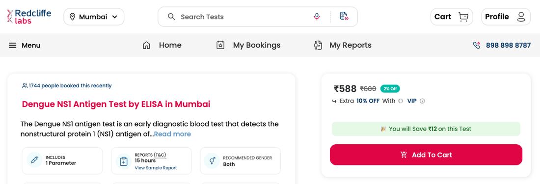Redcliffe Labs Dengue NS1 Antigen Test price screenshot — ₹588