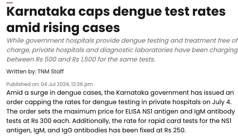 The News Minute report of 4 July 2024 on Karnataka capping private dengue test rates at INR 300 for ELISA NS1 and IgM and INR 250 for rapid card tests