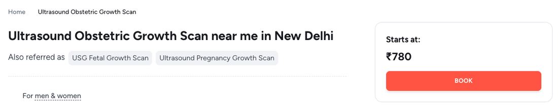 Tata 1mg listing for Ultrasound Obstetric Growth Scan in New Delhi showing a starting price of ₹780 on 26 September 2026