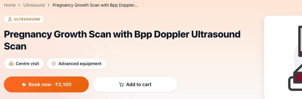 Cadabam's Diagnostics Bengaluru page for Pregnancy Growth Scan with BPP and Doppler priced at ₹2,100 on 26 September 2026