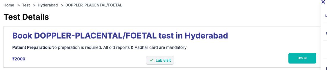 Vijaya Diagnostic Centre Hyderabad listing for Doppler placental foetal scan priced at ₹2000 on 26 September 2026