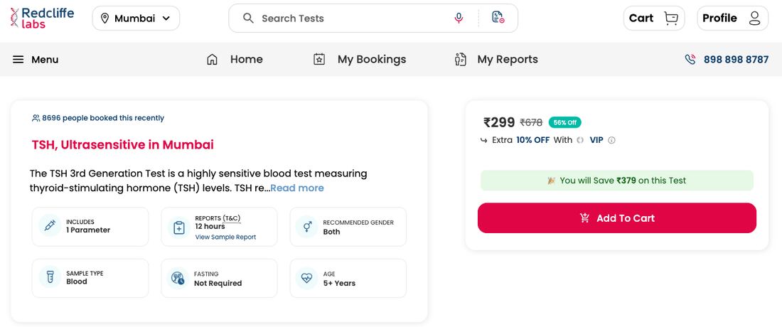 Redcliffe Labs TSH (Thyroid Stimulating Hormone) Test price screenshot — ₹299