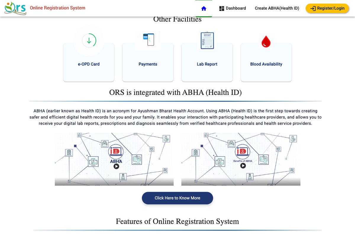 ORS home page showing the Other Facilities tiles: e-OPD Card, Payments, Lab Report, Blood Availability