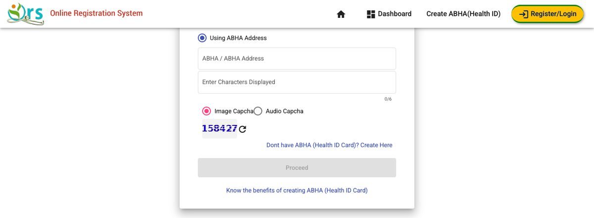 ORS lab report login with ABHA address field and captcha