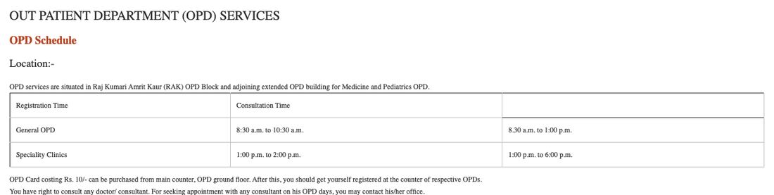 AIIMS Delhi OPD schedule page showing registration times and that an OPD card costs Rs. 10 at the main counter on the OPD ground floor